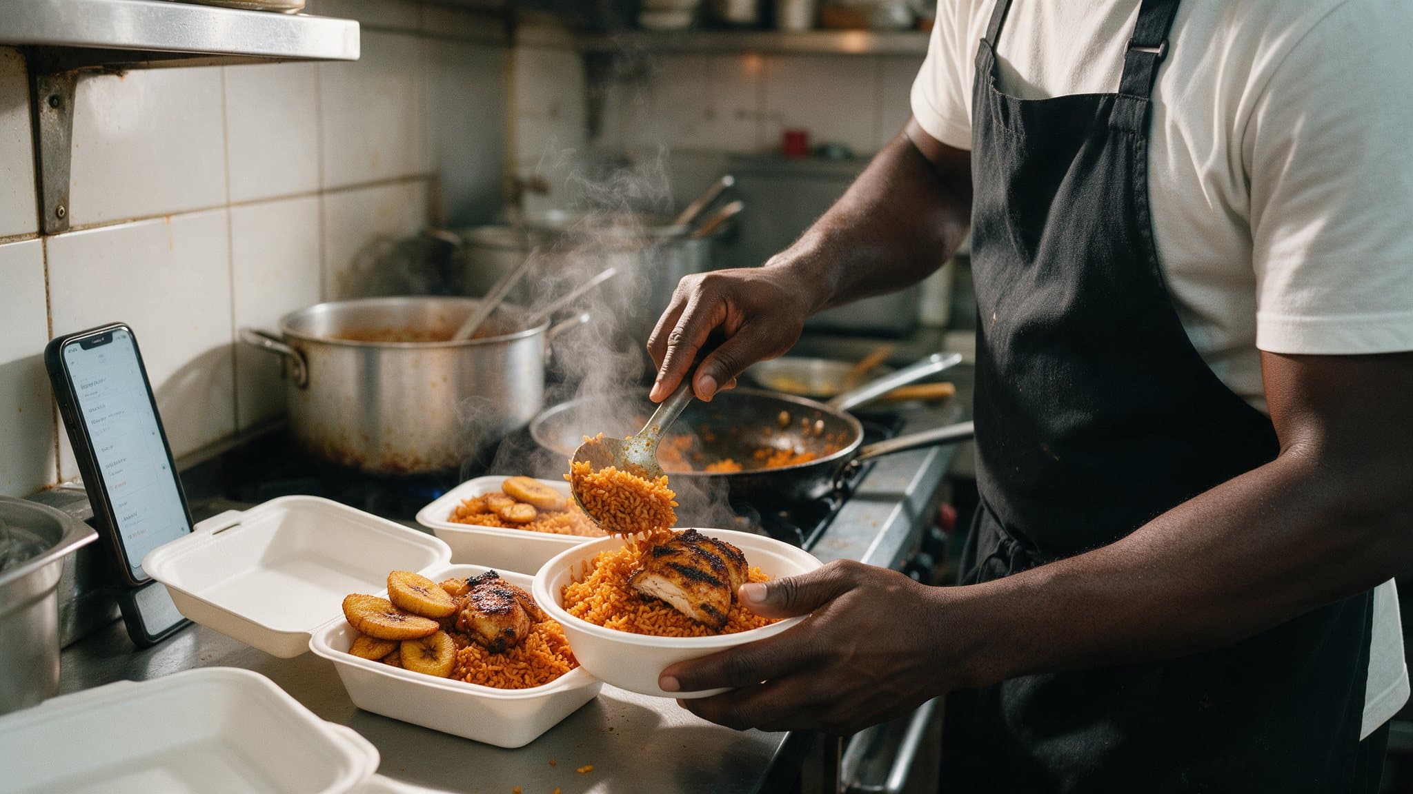 A chef plating jollof rice for delivery orders