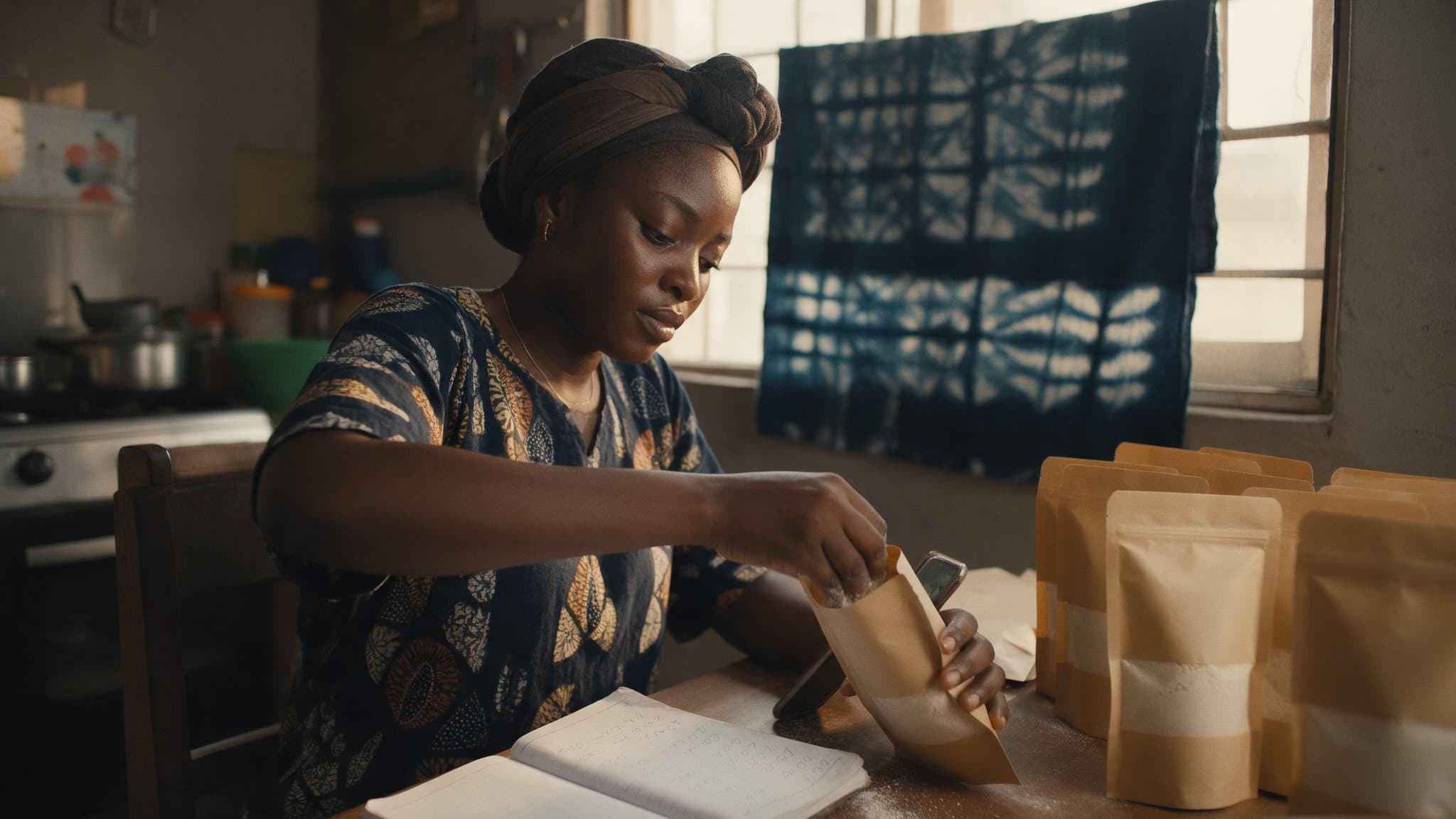 A young Nigerian founder packing yam flour at her kitchen table