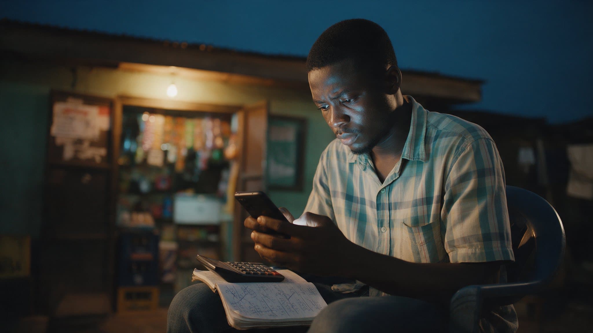 A young man outside his shop at night, reading his numbers on his phone